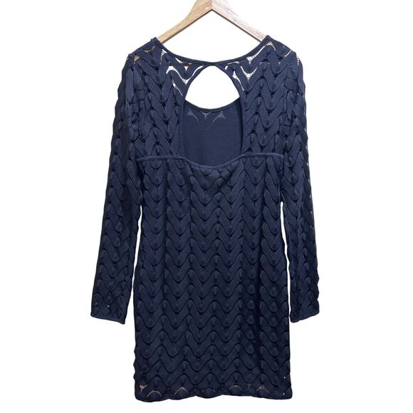 Free People Wild Thing Black Crochet Chevron Knit Mini Dress L Long Sleeve Chic - Picture 5 of 8